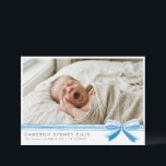 Blue Bow Modern Minimalist Script Baby Photo Birth Dankeskarte<br><div class="desc">This baby boy birth announcement card features a sweet newborn photo accented with a soft blue ribbon bow and delicate stripe detail. The clean layout highlights your baby’s name and birth details while keeping the focus on the photo. A timeless design that feels classic yet fresh, perfect for sharing the...</div>