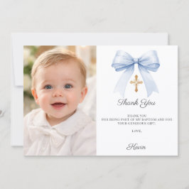 Blue bow photo boy gold cross Baptism Dankeskarte
