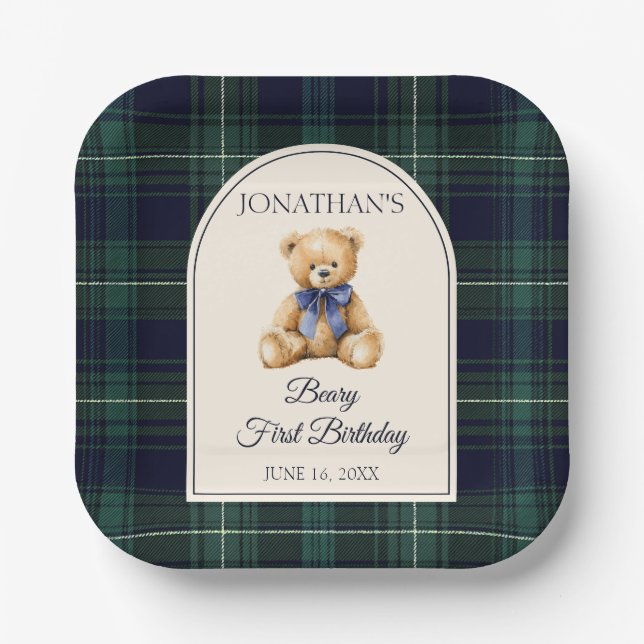 Blue Bow Preppy Teddy Bear 1st Birthday Pappteller (Vorderseite)