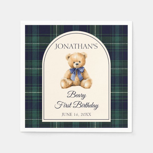 Blue Bow Preppy Teddy Bear 1st Birthday Serviette (Vorderseite)