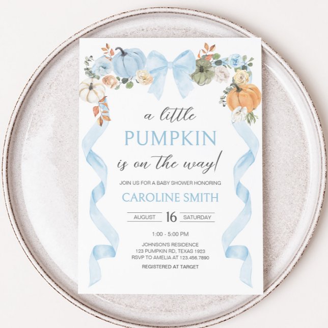 Blue Bow Pumpkin Baby Dusche Einladung (Blue Bow Little Pumpkin Baby Shower Invitation)