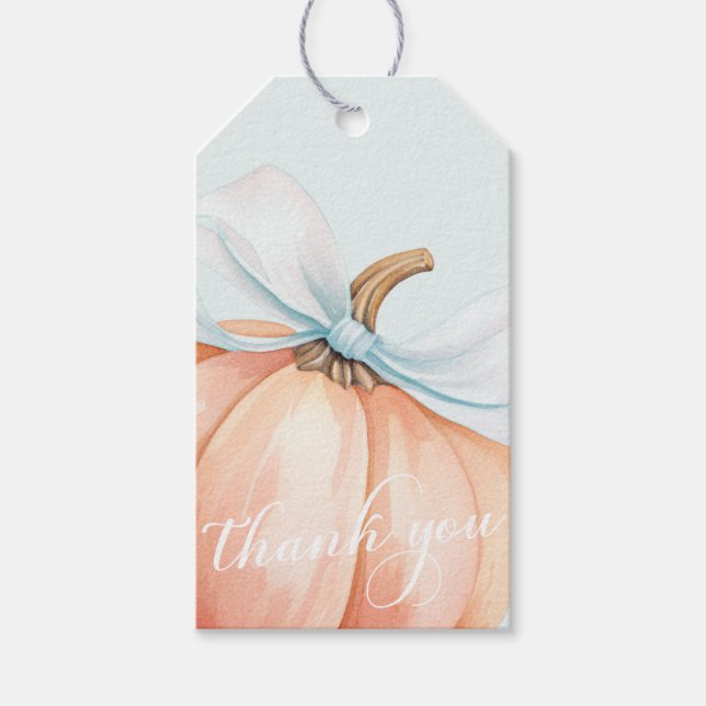 Blue Bow Pumpkin Baby Dusche Geschenkanhänger (Vorderseite)