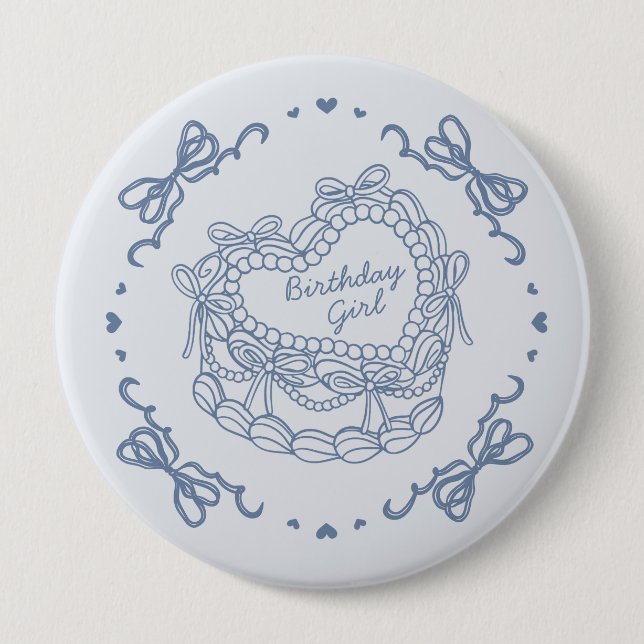 Blue Bow Retro Herz Coquette Cake Birthday Girl Button (Vorderseite)
