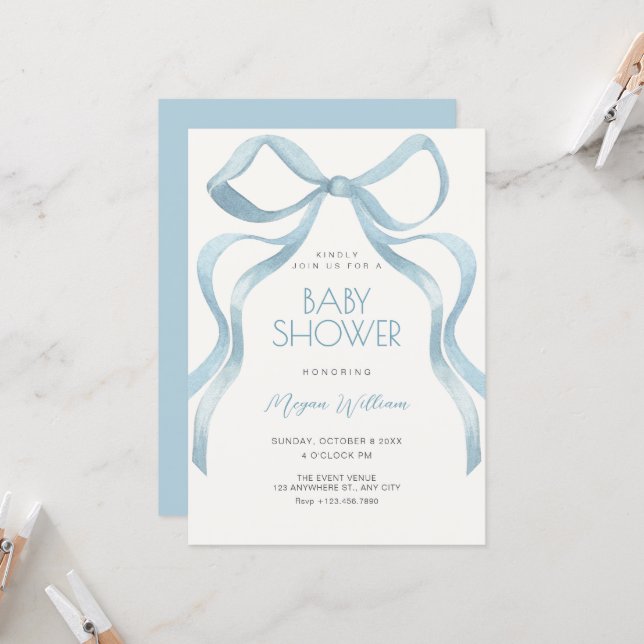 Blue Bow ribbon baby shower Einladung (Vorderseite/Rückseite Beispiel)