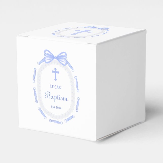 Blue Bow Ribbon Frame Taufe Cube Geschenkschachtel (Vorderseite)