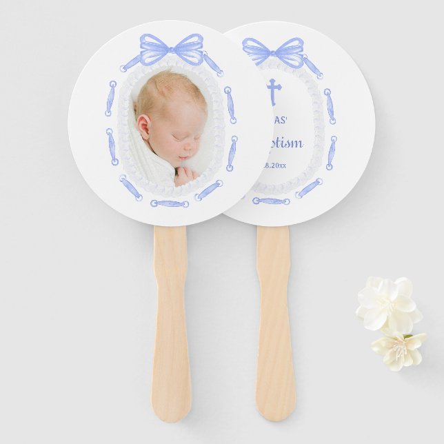 Blue Bow Ribbon Frame Taufe Fächer (Vorne und Hinten)