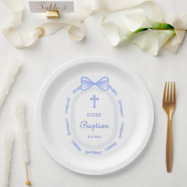 Blue Bow Ribbon Frame Taufe Pappteller