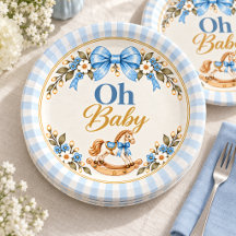 Blue Bow Rocking Horse Oh Baby Paper Plates