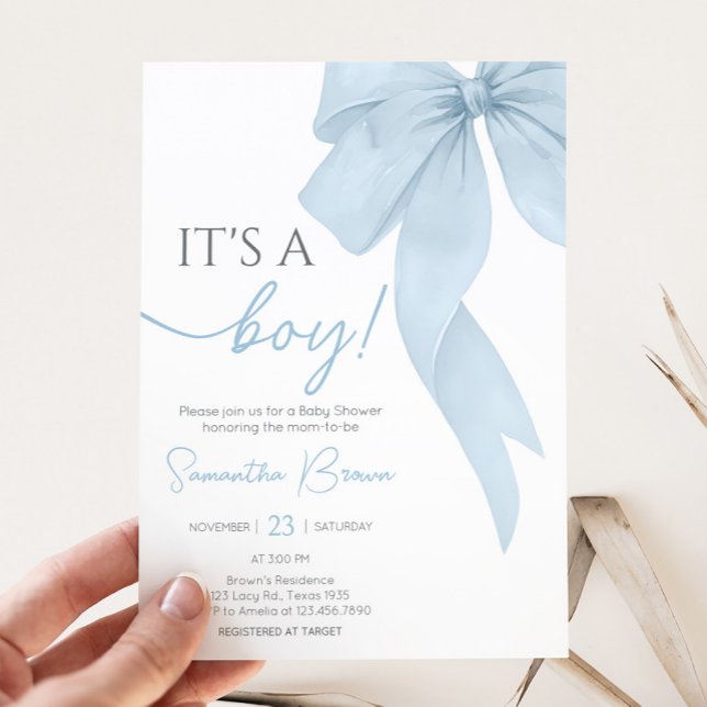 Blue Bow seine Baby-Dusche Einladung (Its A Boy Blue Bow Baby Shower Invitation
)