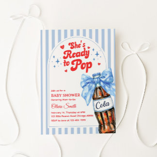 Blue Bow She's Ready to Pop Baby Shower Invitation