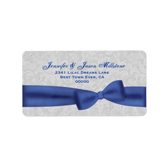 Blue Bow Silver Gray Textured Background Adressaufkleber (Vorne)