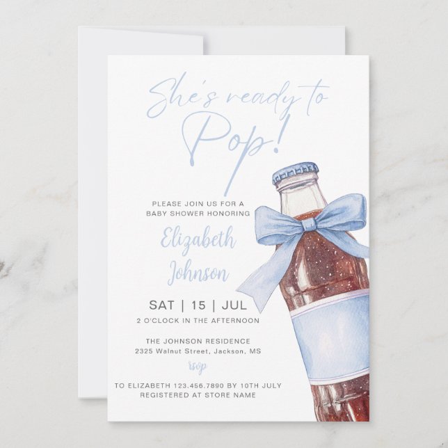 Blue Bow Soda Bottle Baby Shower All In One Einladung (Vorderseite)