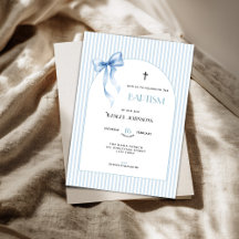 Blue Bow Striped Baptism Invitation for Boys