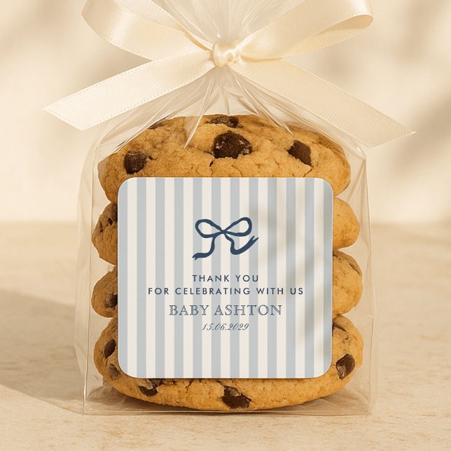 Blue Bow & Stripes Baby Dusche Quadratischer Aufkleber (Von Creator hochgeladen)