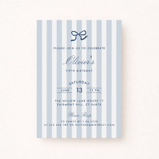 Blue Bow & Stripes Boy zum Geburtstag Einladung