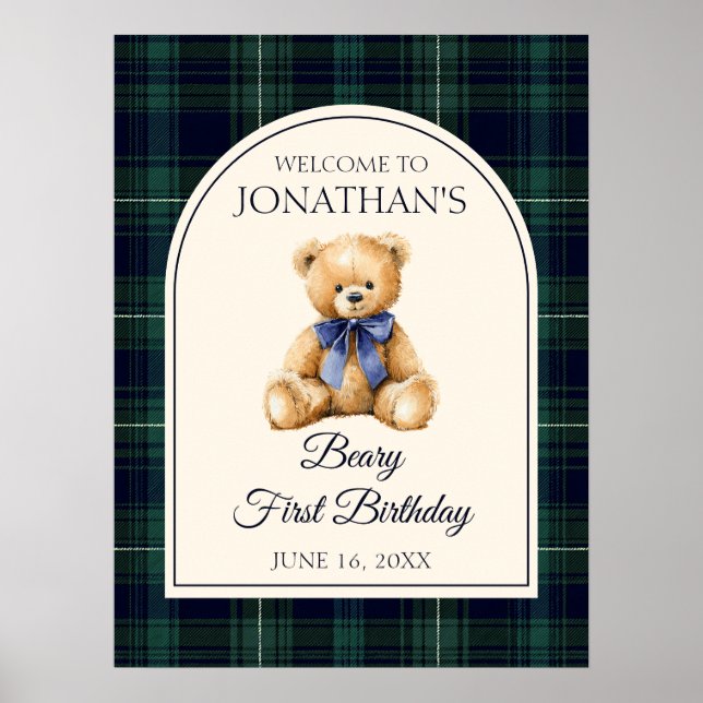 Blue Bow Teddy Bear Birthday Welcome Sign Poster (Vorne)