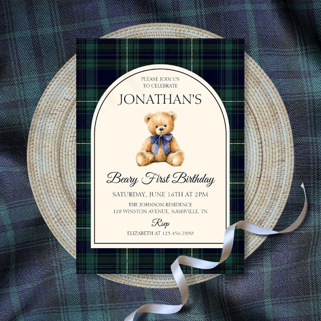Blue Bow Teddy Bear Tartan Birthday Einladung (Blue Bow Teddy Bear Tartan Birthday Invitation)