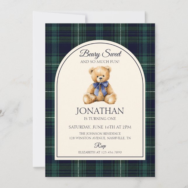 Blue Bow Teddy Bear Tartan Birthday Einladung (Vorderseite)