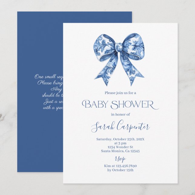 Blue Bow Toile Baby Shower Boy Einladung (Vorne/Hinten)