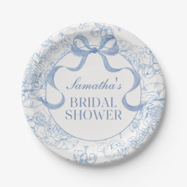 Blue Bow Toile Floral Brautparty Paper Teller