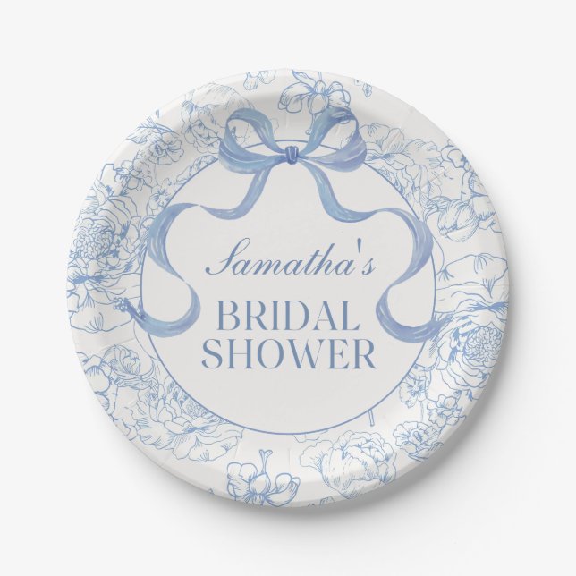 Blue Bow Toile Floral Brautparty Paper Teller (Vorderseite)