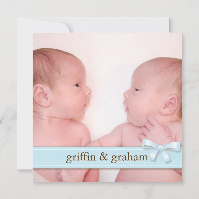 Blue Bow Twin Boys Baby Foto Geburtsankündigung Ankündigung (Vorderseite)