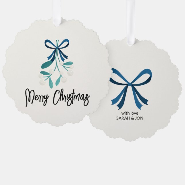 Blue Bow und Mistletoe Ornament Karte (Vorderseite/Rückseite)