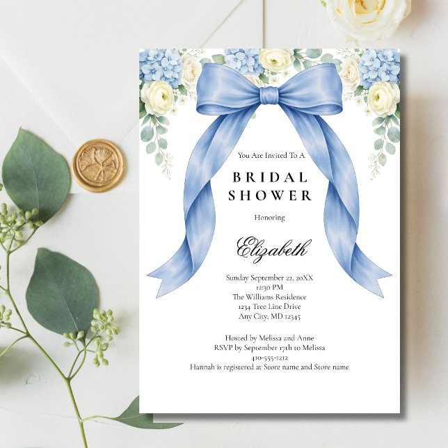 Blue Bow Watercolor Florals Bridal Shower Einladung (Something Blue Bow, Watercolor Blue White Florals Bridal Shower invitation. Printed or Digital)