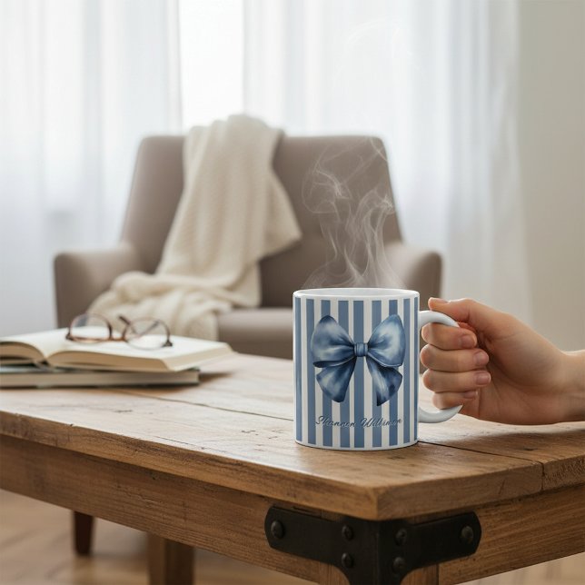 Blue Bow Watercolor Stripe Design Kaffeetasse (Von Creator hochgeladen)