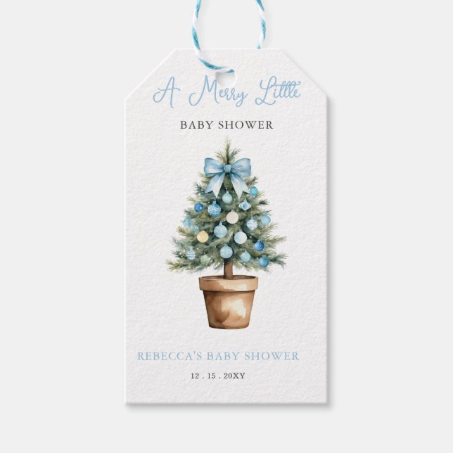 Blue Bow Weihnachtsbaum Merry Little Baby Dusche Geschenkanhänger (Vorderseite)