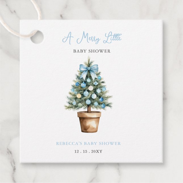 Blue Bow Weihnachtsbaum Merry Little Baby Dusche Geschenkanhänger (Vorderseite)