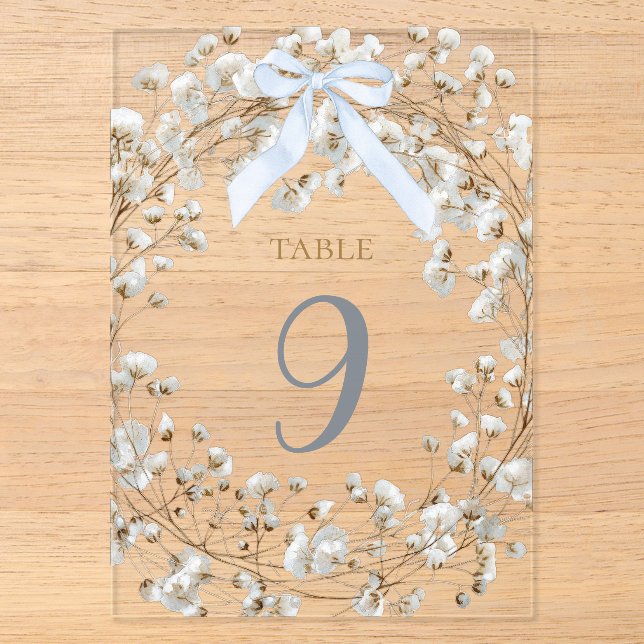  blue bow white baby's breath flowers table number acryleinladungen (Vorderseite)