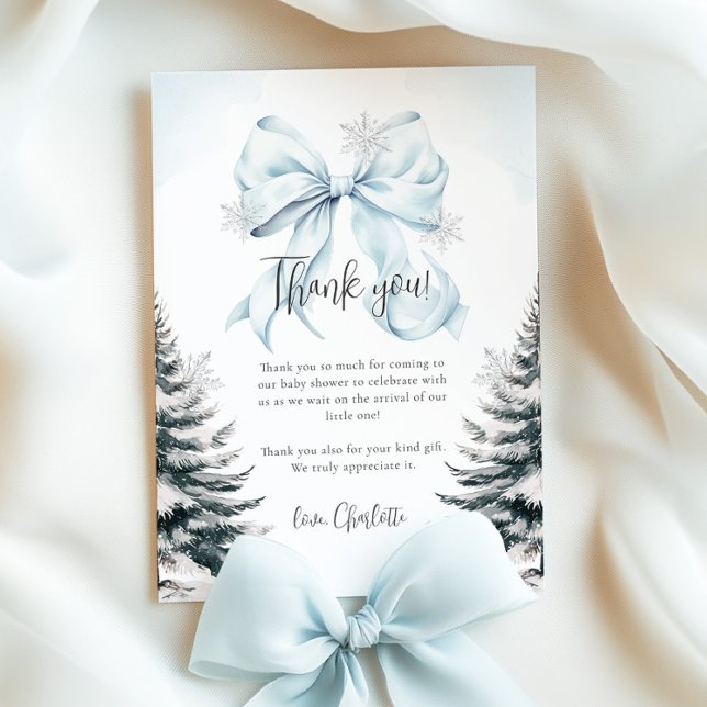 Blue Bow Winter Baby Shower Flat Thank You Card Dankeskarte (Von Creator hochgeladen)