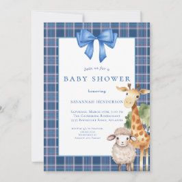 Blue Bow Woodland Animals Baby Dusche Einladung