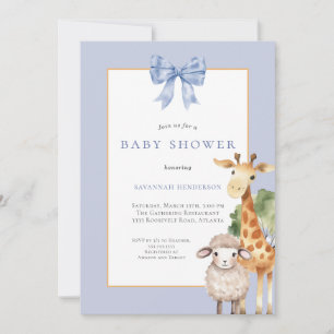 Blue Bow Woodland Animals Baby Dusche Einladung