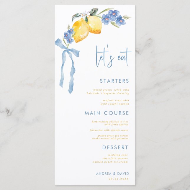 Blue Bow Yellow Lemon Italian Let's Eat Wedding Menükarte (Vorderseite)
