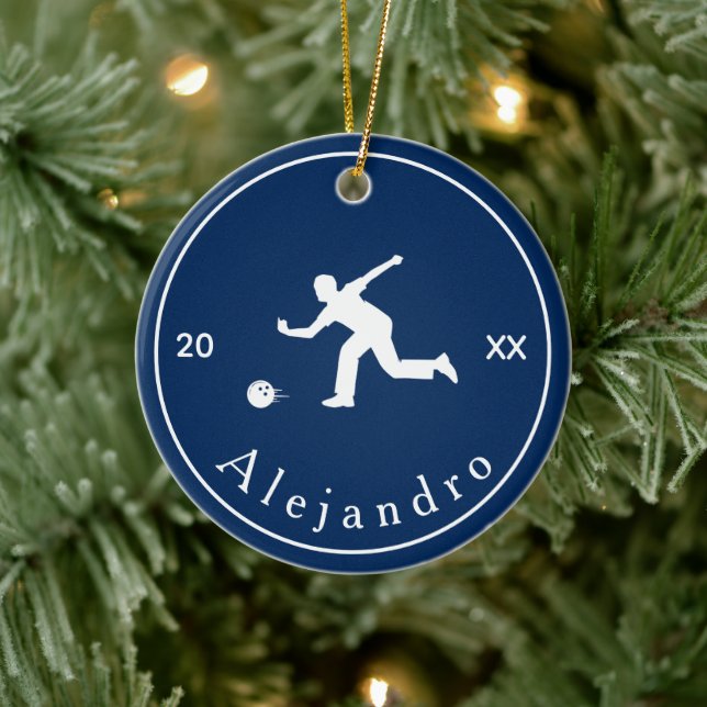 Blue Bowler Silhouette Player Coach Name & Year Keramik Ornament (Baum)