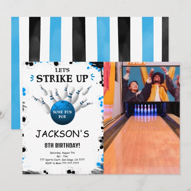 Blue Bowling Foto Einladung (Vorne/Hinten)