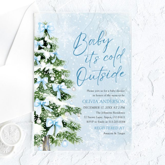 Blue Bows Baby It's Cold Outside Baby Dusche Acryleinladungen (Blue Bows Baby It's Cold Outside Baby Shower Acrylic Invitations)