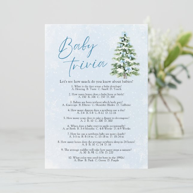 Blue Bows Christmas Baby Shower Baby Trivia Game Einladung (Stehend Vorderseite)