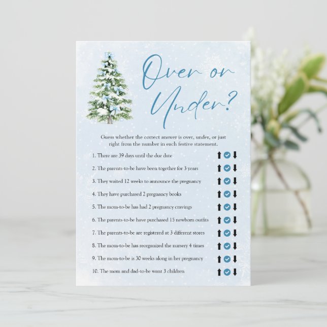 Blue Bows Christmas Over Or Under Baby Shower Game Einladung (Stehend Vorderseite)
