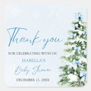 Blue Bows Christmas Tree Boy Winter Baby Shower Quadratischer Aufkleber