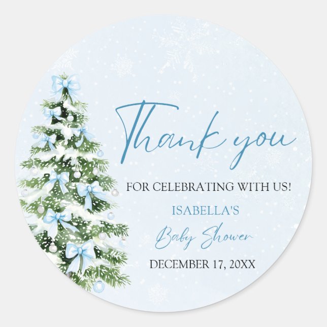 Blue Bows Christmas Tree Girl Winter Baby Shower Runder Aufkleber (Vorderseite)