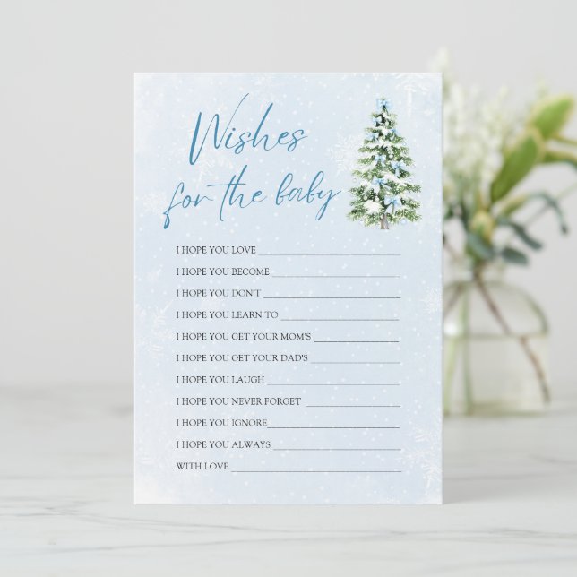 Blue Bows Christmas Wishes For Baby Advice Game Einladung (Stehend Vorderseite)