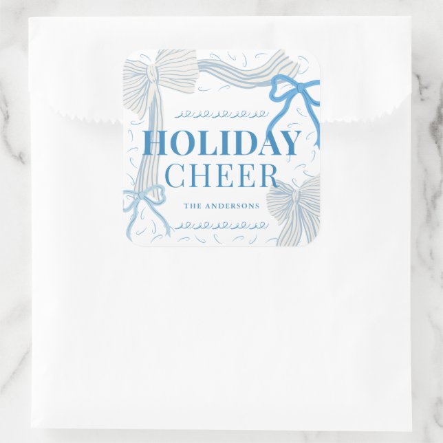 Blue Bows Holiday Cheer Foto Weihnachten Quadratischer Aufkleber (Tasche)