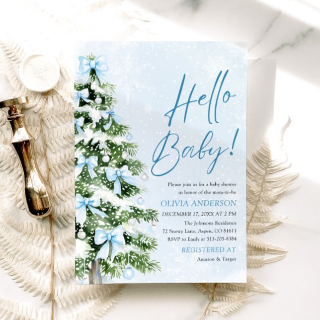 Blue Bows Weihnachtsbaum Hello Baby Shower Einladung (Von Creator hochgeladen)