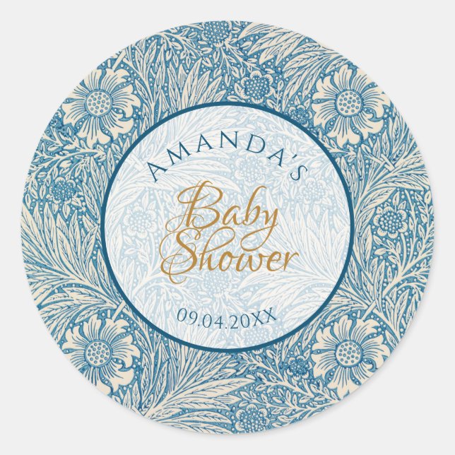 Blue Boy Baby Dusche Blumenschrift Marigold Morris Runder Aufkleber (Vorderseite)