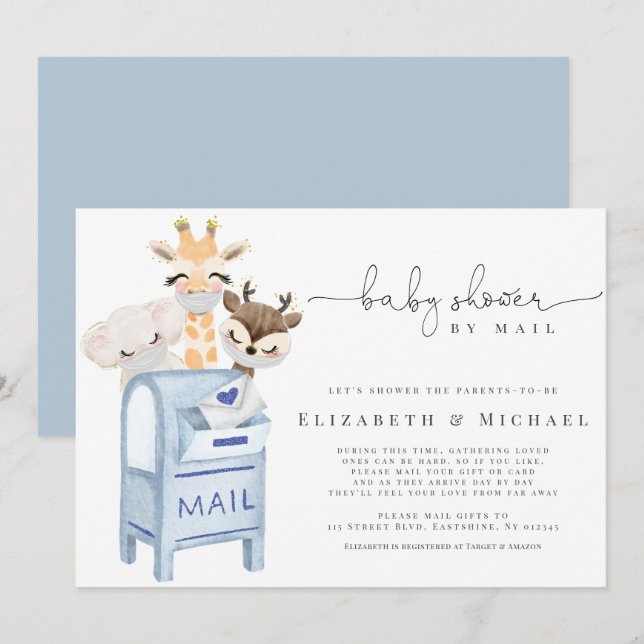Blue Boy Baby Dusche by Mail maskierte Babytiere  Einladung (Vorne/Hinten)