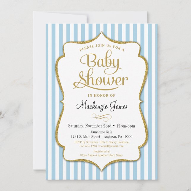 Blue Boy Baby Dusche Einladung Elegante Streifen (Vorderseite)