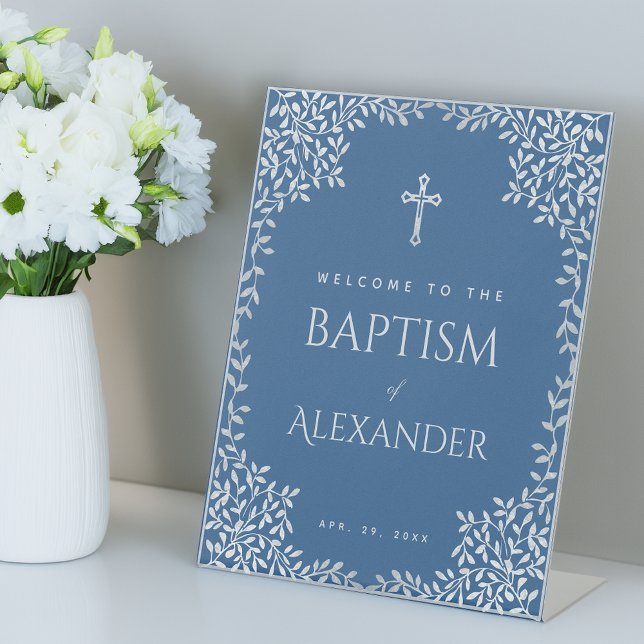 Blue Boy Baptism Imitats Silberne Blätter kreuzen  Sockelschild (Von Creator hochgeladen)
